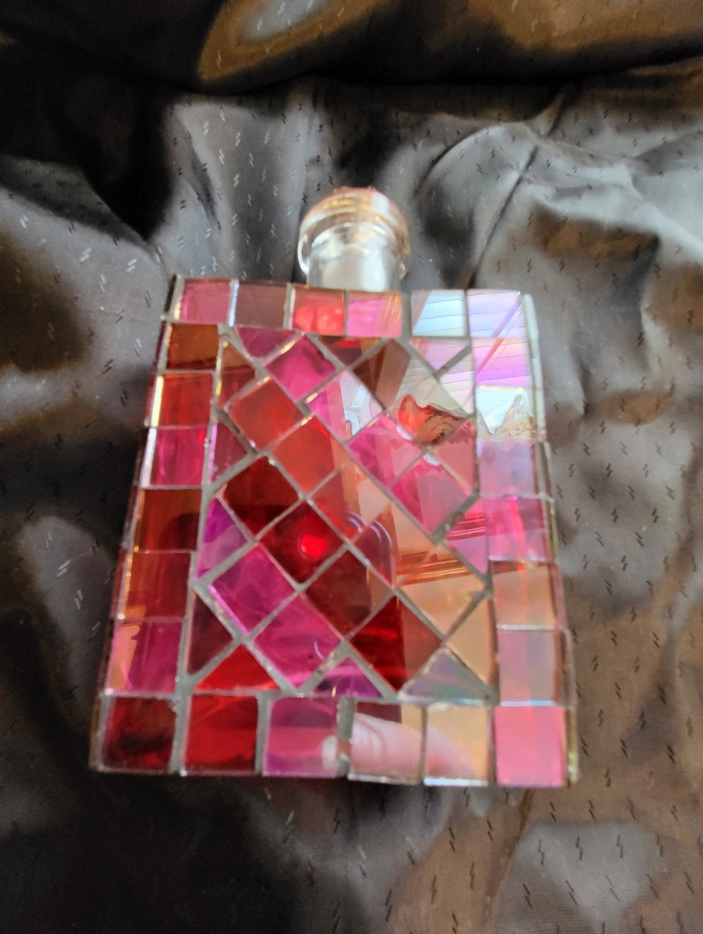 Faceted 5.5 x 3 In. Glass Perfume Bottle with Pink Mosaic Panels With Stopper - Picture 11 of 12